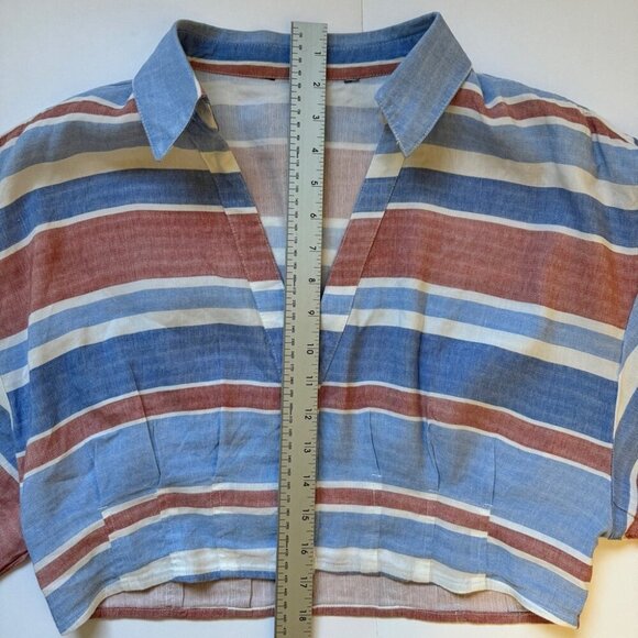 Zara Blouse Striped Linen Blend Button Up Cropped Short Sleeve Collared Sz S - Picture 5 of 14